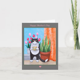 Kat met bloemen en koffie Schattige Kat Moederdag Kaart