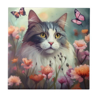 Kat met bloemen en vlinders AI Cat 701 Tegeltje