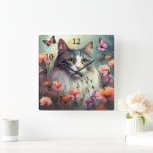 Kat met bloemen en vlinders AI Cat 701 Vierkante Klok (Huis)