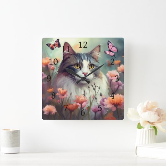 Kat met bloemen en vlinders AI Cat 701 Vierkante Klok (Huis)