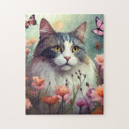 Kat met bloemen en vlinders Kat 701 Legpuzzel