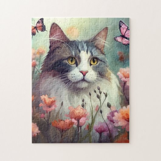 Kat met bloemen en vlinders Kat 701 Legpuzzel (Verticaal)