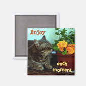 Kat met bloemen / Geniet van elk moment Magneet (Voorkant / Achterkant)
