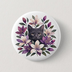 Kat met Bloemen Ronde Button 5,7 Cm