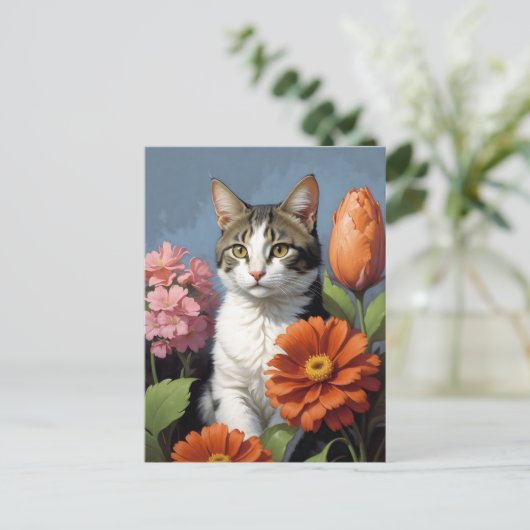 Kat met bloemen (update) briefkaart (Staand voorkant)