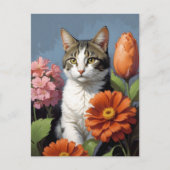 Kat met bloemen (update) briefkaart (Voorkant)