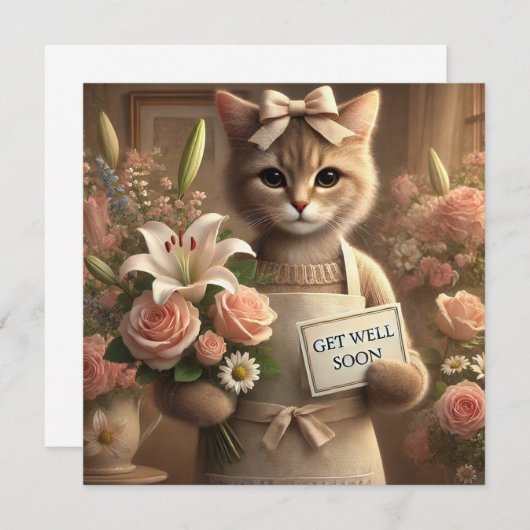 Kat met bloesem met Get well Soon Kaart (Voorkant / Achterkant)