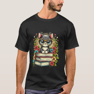 Kat Met Boeken & Bloemen Voor Knuffelkat & Boekenl T-shirt