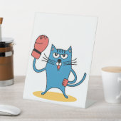 Kat met bokshandschoenen reclamebord met voetstuk (Insitu)