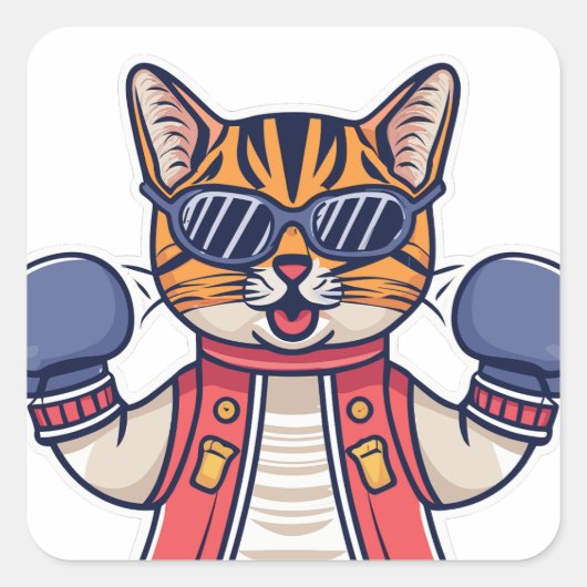 Kat met bokshandschoenen vierkante sticker (Voorkant)