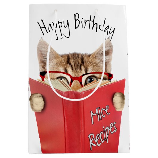 Kat met bril en rood boek medium cadeauzakje (Voorkant)