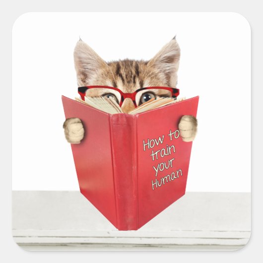 Kat met bril en rood boek vierkante sticker (Voorkant)