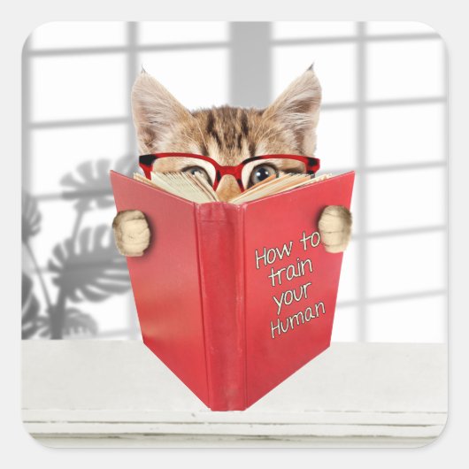 Kat met bril en rood boek vierkante sticker (Voorkant)