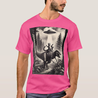 Kat met buitenaardse rijdende dinosaurus T-Rex. Ka T-shirt