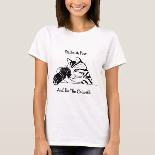 Kat met camera zwart en wit t-shirt