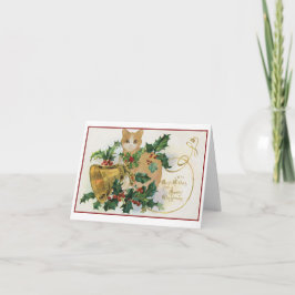 kat met cellen en Holly Kerstmis Kaart