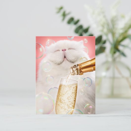 Kat met champagne uitnodiging briefkaart (Staand voorkant)