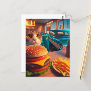 Kat met cheeseburger en friet bij het Retro Diner Briefkaart