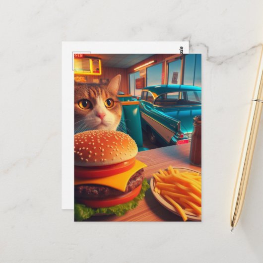 Kat met cheeseburger en friet bij het Retro Diner Briefkaart (Voorkant / Achterkant in situ)