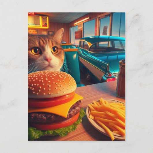 Kat met cheeseburger en friet bij het Retro Diner Briefkaart (Voorkant)