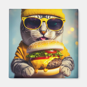 KAT MET CHEESEBURGER GRAPPIGE KOELKAST magneet