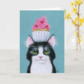 Kat met cupcake verjaardagswenskaart kaart (Gele Bloem)