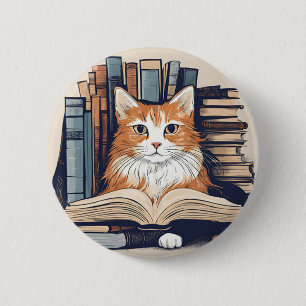 Kat met de knop Boeken Ronde Button 5,7 Cm