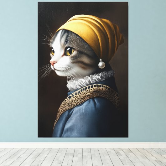 Kat met de parel oorbel canvas afdruk (Insitu (Houten vloer))