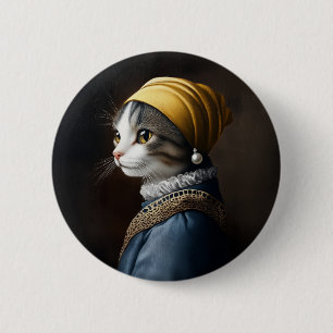 Kat met de parel oorbel ronde button 5,7 cm