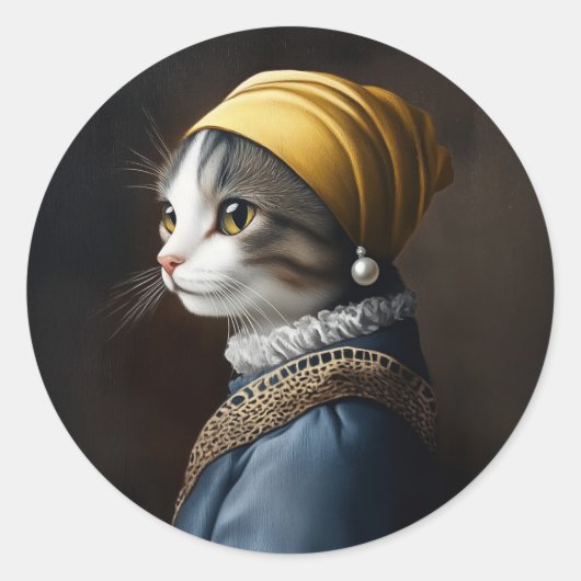 Kat met de parel oorbel ronde sticker (Voorkant)