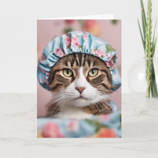 Kat Met Douchekapje Verjaardag Kaart (Voorkant)