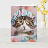 Kat Met Douchekapje Verjaardag Kaart (Gele Bloem)