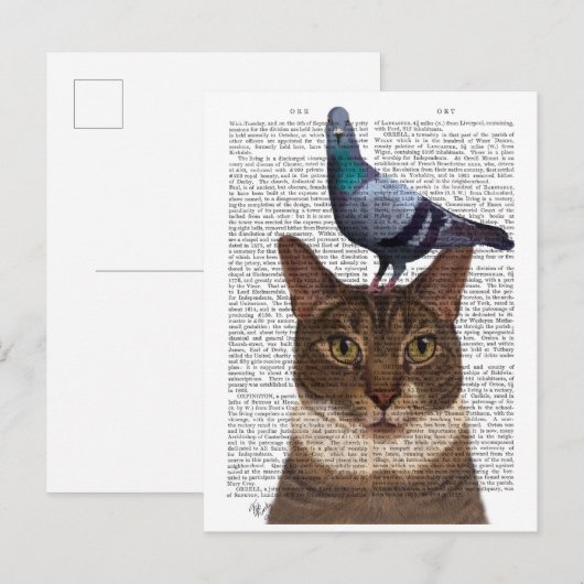 Kat met duif op kop briefkaart (Voorkant / Achterkant)