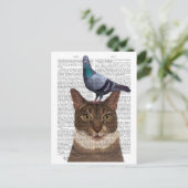 Kat met duif op kop briefkaart (Staand voorkant)