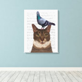 Kat met duif op kop canvas afdruk (Insitu (Houten vloer))