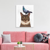 Kat met duif op kop canvas afdruk (Insitu (Woonkamer))