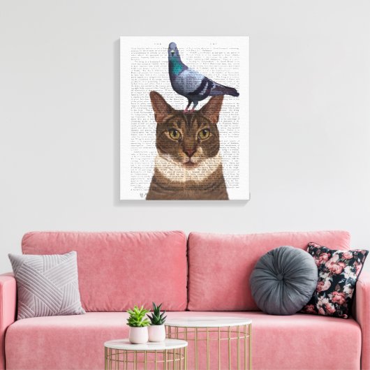 Kat met duif op kop canvas afdruk (Insitu (Woonkamer))