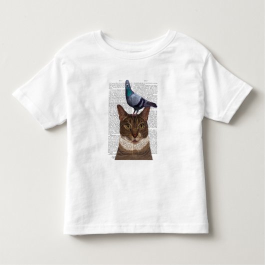 Kat met duif op kop kinder shirts (Voorkant)