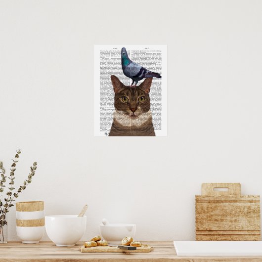 Kat met duif op kop poster (Keuken)