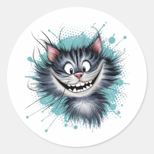 Kat met een glimlach. ronde sticker (Voorkant)