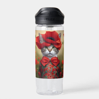 Kat met een jurk gemaakt van een klaproos waterfles