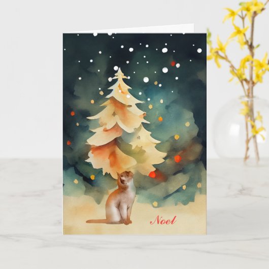 Kat met een kerstboom in de sneeuw kaart (Gele Bloem)
