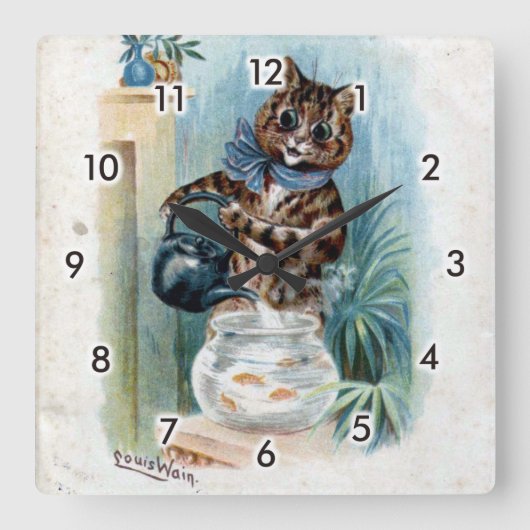 Kat met een ketel, Louis Wain Vierkante Klok (Voorkant)