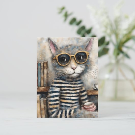 Kat met een koffie briefkaart (Staand voorkant)