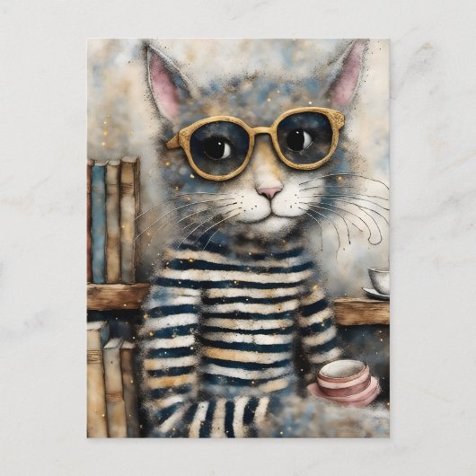 Kat met een koffie briefkaart (Voorkant)