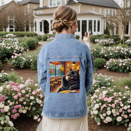 Kat met een koffiekopje in Café Denim Jacket (Huwelijk Achterkant)