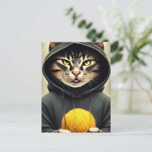 Kat met een pan van garen briefkaart (Staand voorkant)