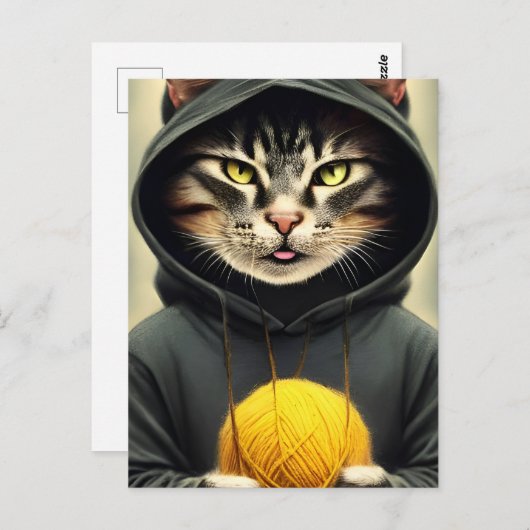 Kat met een pan van garen briefkaart (Voorkant / Achterkant)