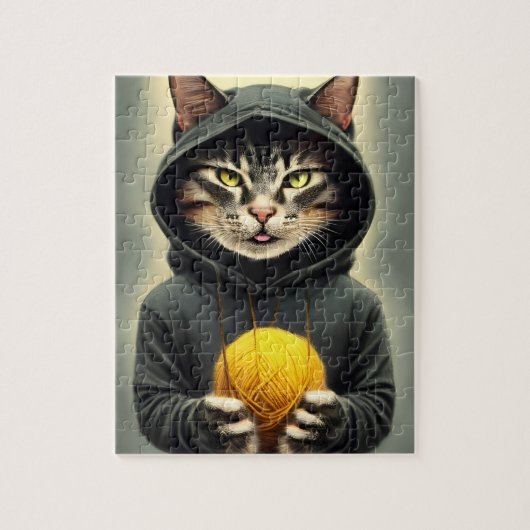 Kat met een pan van garen legpuzzel (Verticaal)