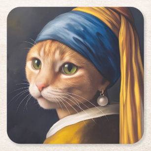 Kat met een parel oorbel Funny Vermeer Parody Kartonnen Onderzetters
